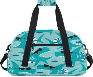 Cartoon Shark Gym Duffel Bag for Men Women Sunglasses Lifebuoy Sports Tote Bag with Adjustable Shoulder Strap for Dance Gymnastics Traveling Outdoor Camping Overnight Stay