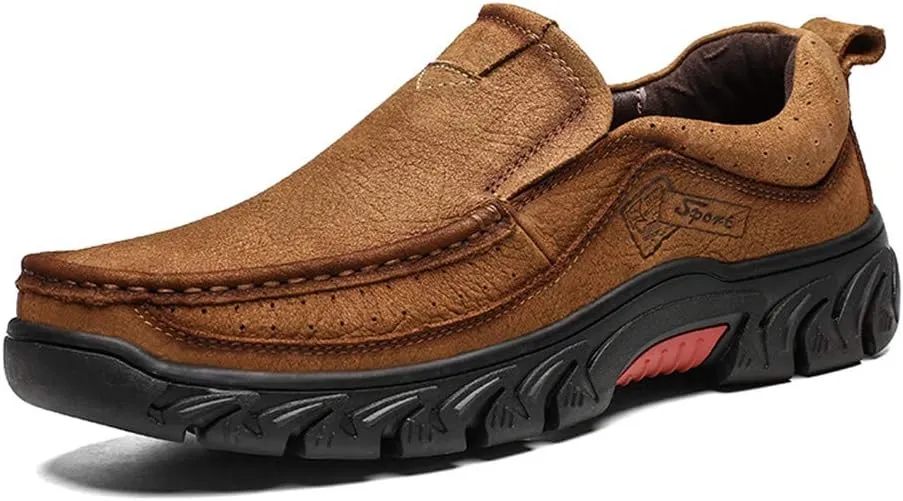 CHICLOVEY Men's Slip-on Outdoor Jungle Moccasins Wide Feet Leather Hiking Trekking Shoes
