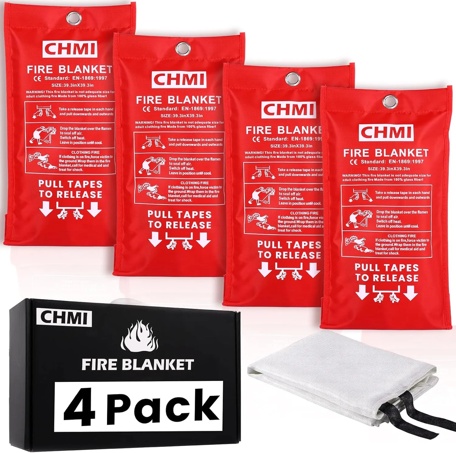 CHMI Emergency Fire Blanket - 4 Pack 39.3"x39.3" Flame Suppression Fiberglass Fire Blanket for Home and Kitchen,Flame Retardant and Thermal Insulation Design for Emergency Survival Safety.