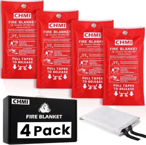 CHMI Emergency Fire Blanket - 4 Pack 39.3"x39.3" Flame Suppression Fiberglass Fire Blanket for Home and Kitchen,Flame Retardant and Thermal Insulation Design for Emergency Survival Safety.