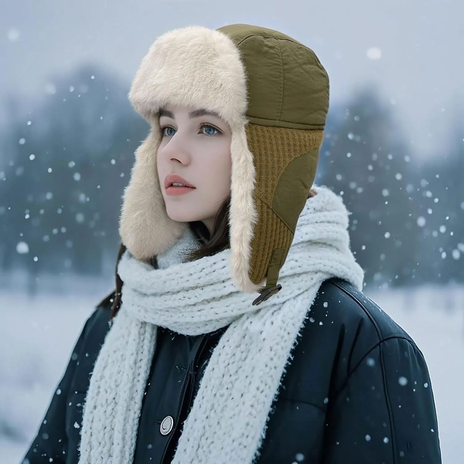 Clakllie Faux Fur Trapper Hat Warm Eskimo Hat Russian Trooper Hats Unisex Earflaps Hat with Chin Strap Winter Snow Cap