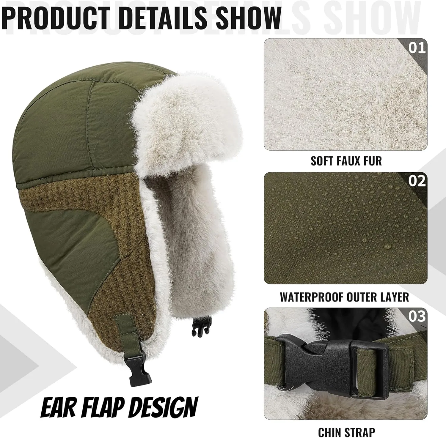 Clakllie Faux Fur Trapper Hat Warm Eskimo Hat Russian Trooper Hats Unisex Earflaps Hat with Chin Strap Winter Snow Cap