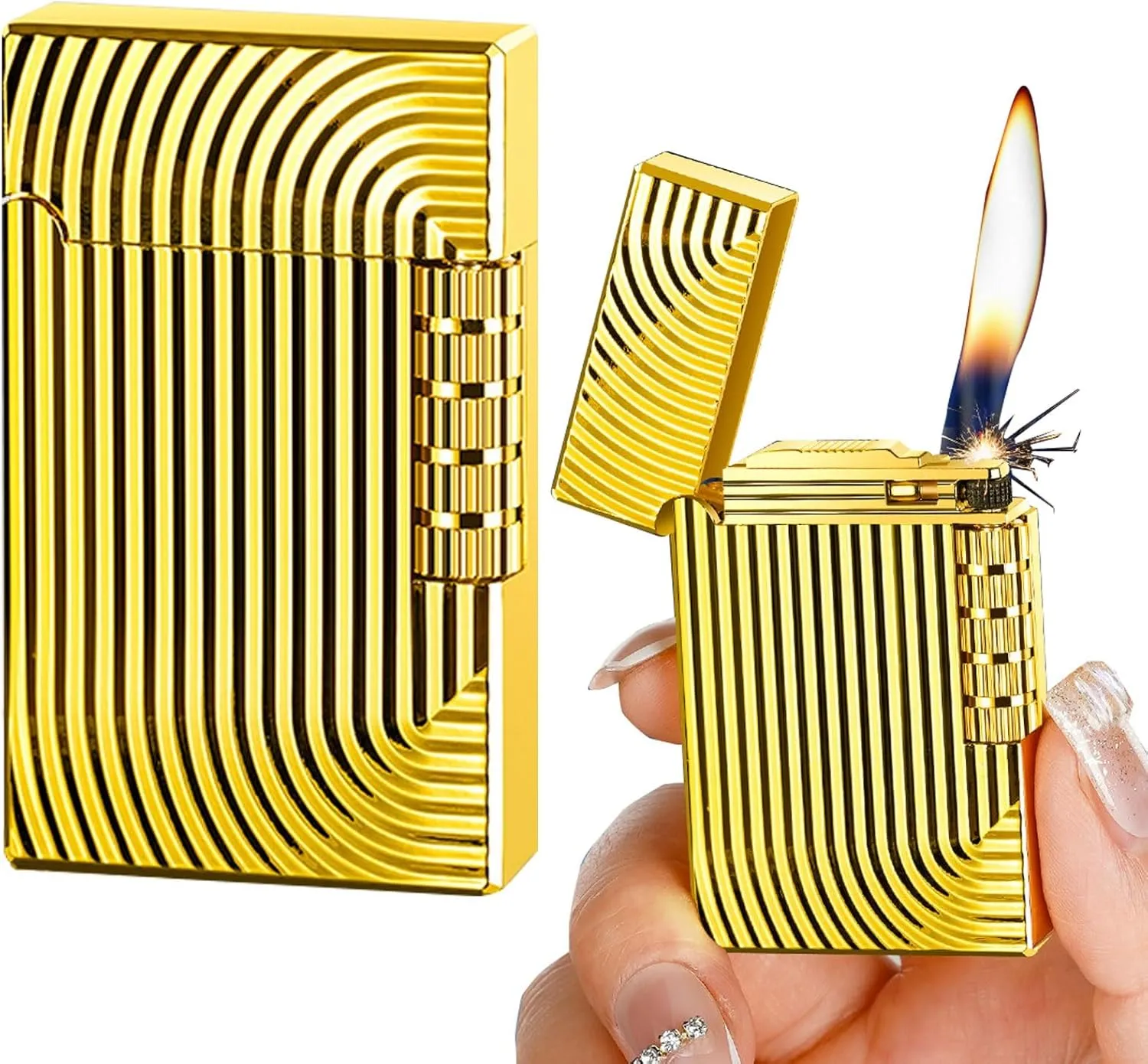 Classic Soft Flame Flint Wheel Butane Gas Refillable Lighter Adjustable Flame, Vertical Ignition Roller,Flip Lid Inflatable Lighters 【without Butane】(Gold)