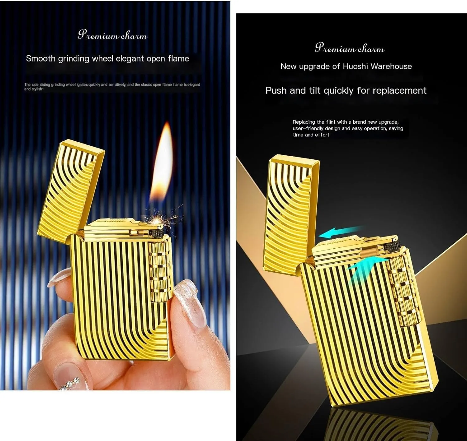 Classic Soft Flame Flint Wheel Butane Gas Refillable Lighter Adjustable Flame, Vertical Ignition Roller,Flip Lid Inflatable Lighters 【without Butane】(Gold)