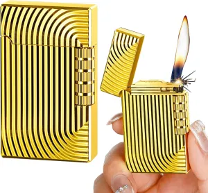 Classic Soft Flame Flint Wheel Butane Gas Refillable Lighter Adjustable Flame, Vertical Ignition Roller,Flip Lid Inflatable Lighters 【without Butane】(Gold)