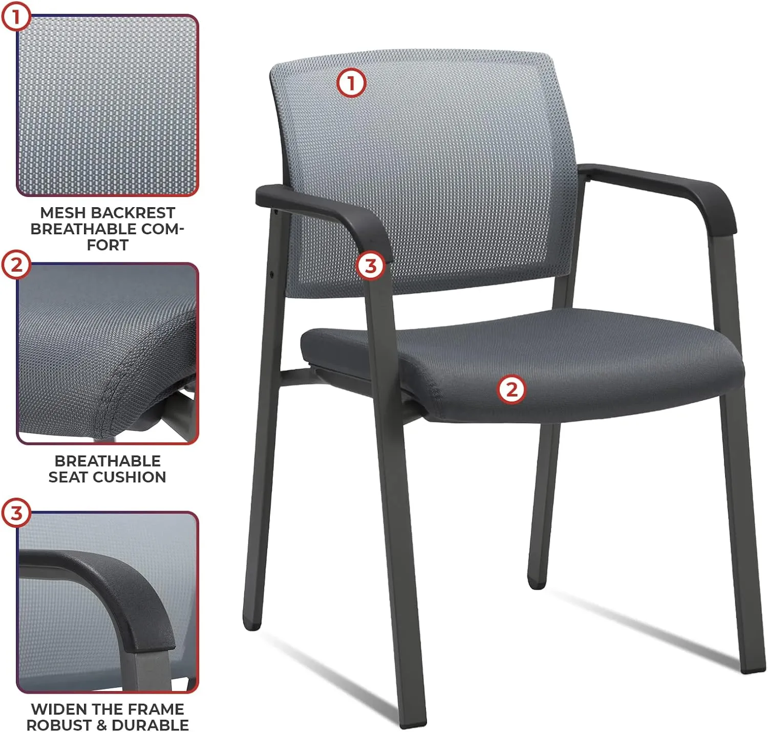 CLATINA Guest Reception Stacking Office Chairs with Arm, Mesh Back Waiting Room Chair with Upholstered Fabric Seat and Ergonomic Lumbar Support for Office Conference School Church, Grey