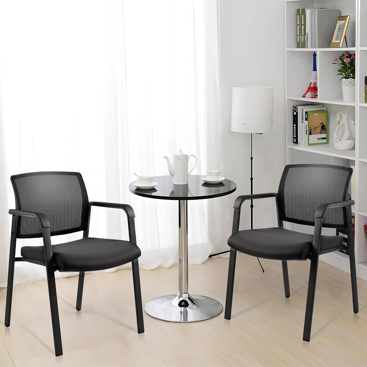 CLATINA Mesh Back Stacking Arm Chairs with Upholstered Fabric Seat and Ergonomic Lumbar Support for Office School Church Guest Reception Black 2 Pack Set