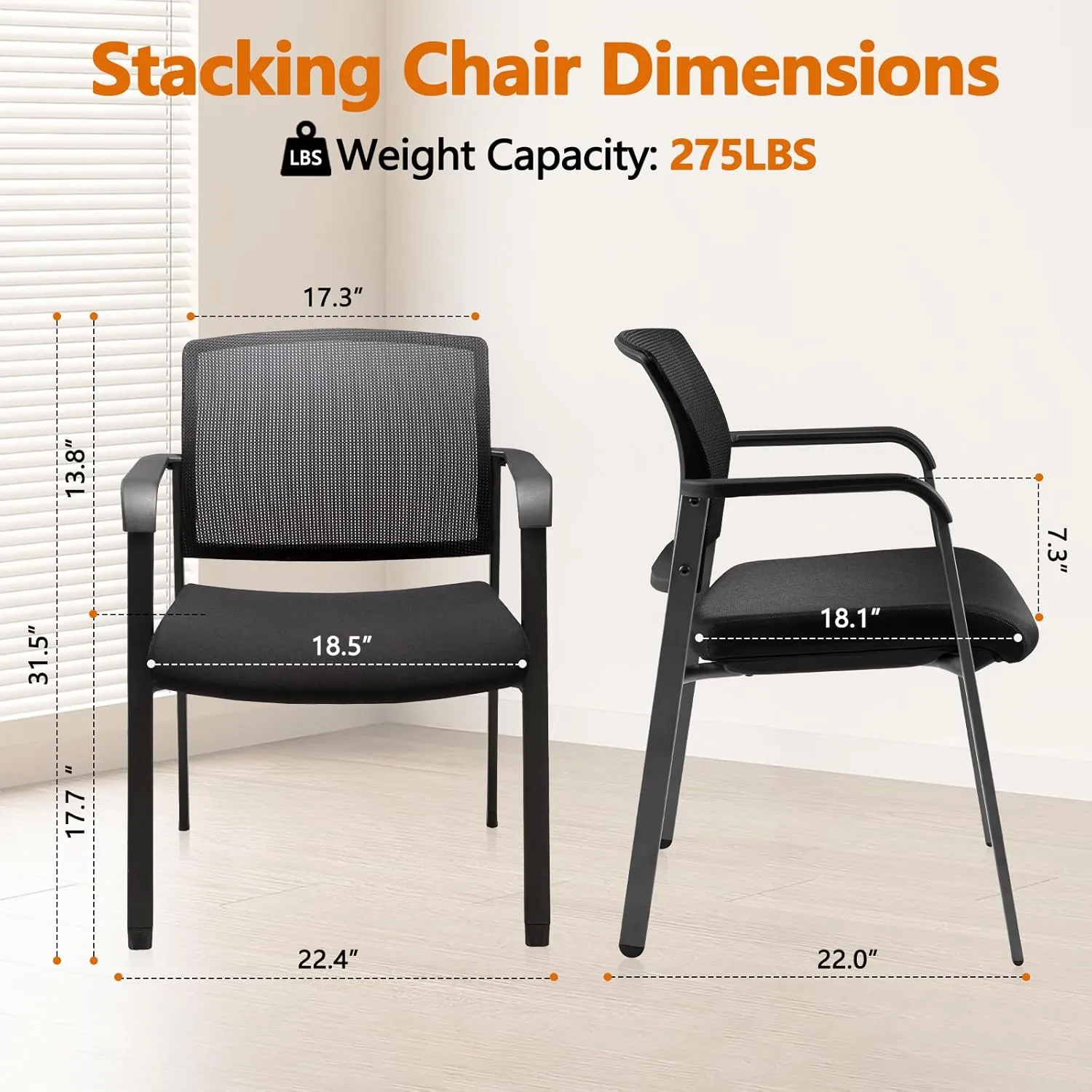 CLATINA Mesh Back Stacking Arm Chairs with Upholstered Fabric Seat and Ergonomic Lumbar Support for Office School Church Guest Reception Black 2 Pack Set