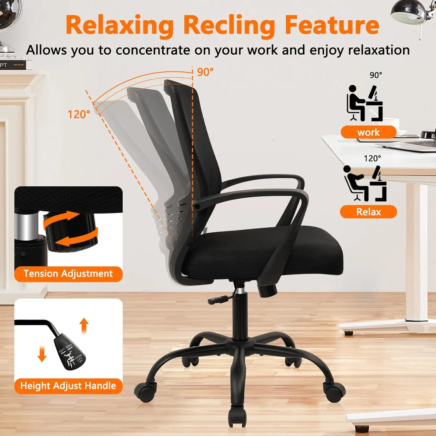 CLATINA Office Chair Ergonomic Rolling Computer Desk Chair with Lumbar Support, Mesh Swivel Executive Chairs with Armrest Wheels for Home Conference Room, Black