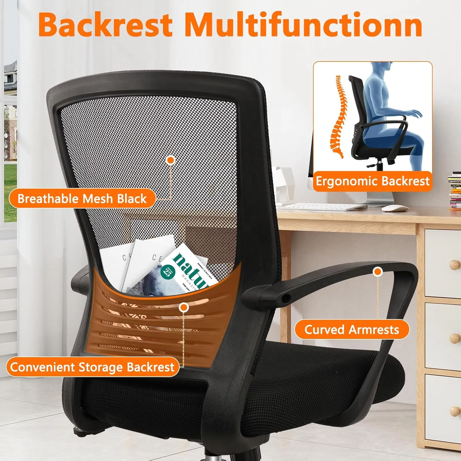 CLATINA Office Chair Ergonomic Rolling Computer Desk Chair with Lumbar Support, Mesh Swivel Executive Chairs with Armrest Wheels for Home Conference Room, Black