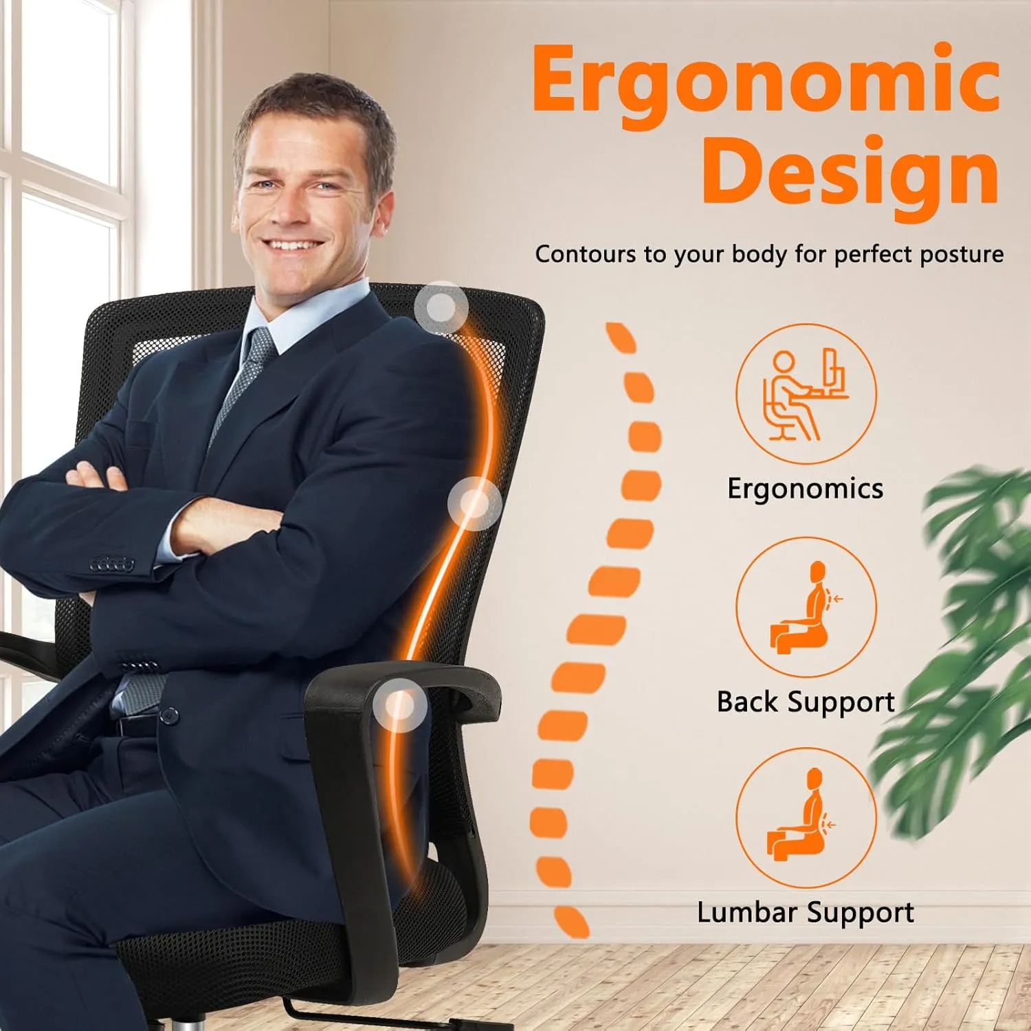 CLATINA Office Chair Ergonomic Rolling Computer Desk Chair with Lumbar Support, Mesh Swivel Executive Chairs with Armrest Wheels for Home Conference Room, Black