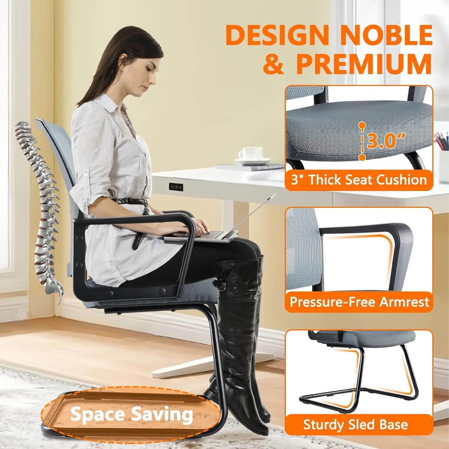 CLATINA Office Guest Chairs for Conference Room with Mid Back Mesh Space Air Grid Series and Lumbar Support Grey