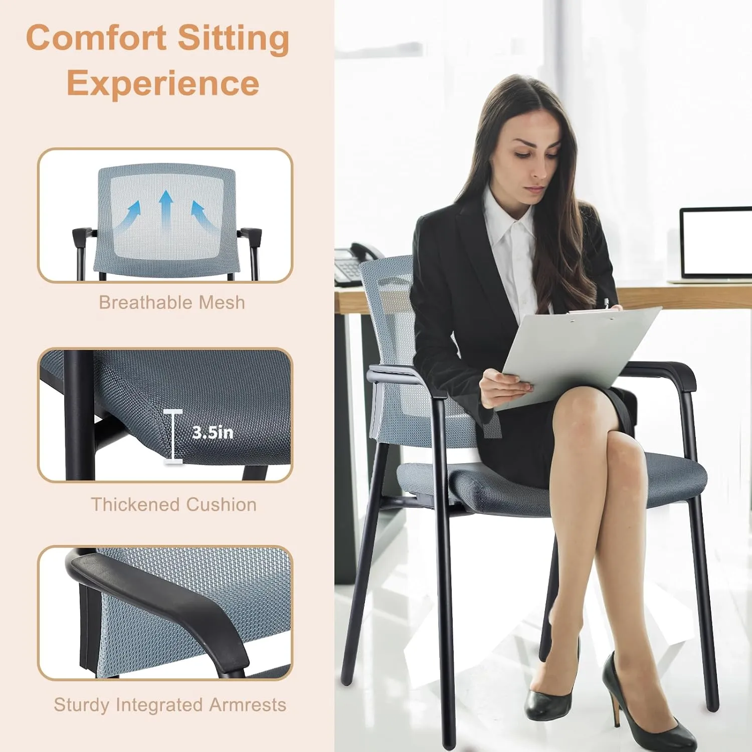 CLATINA Office Reception Guest Chair Mesh Back Stacking with Ergonomic Lumbar Support and Thickened Seat Cushion for Waiting Conference Room Gray
