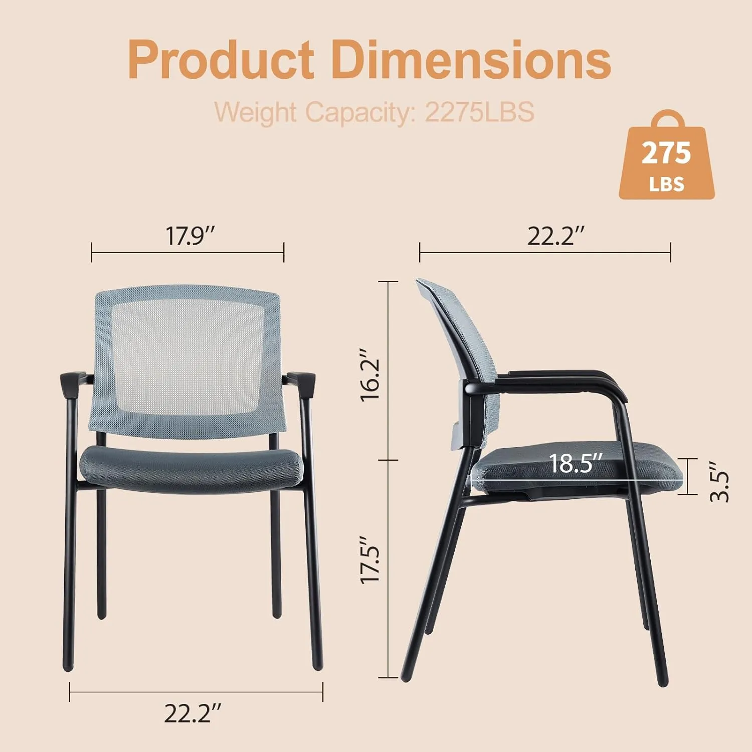 CLATINA Office Reception Guest Chair Mesh Back Stacking with Ergonomic Lumbar Support and Thickened Seat Cushion for Waiting Conference Room Gray