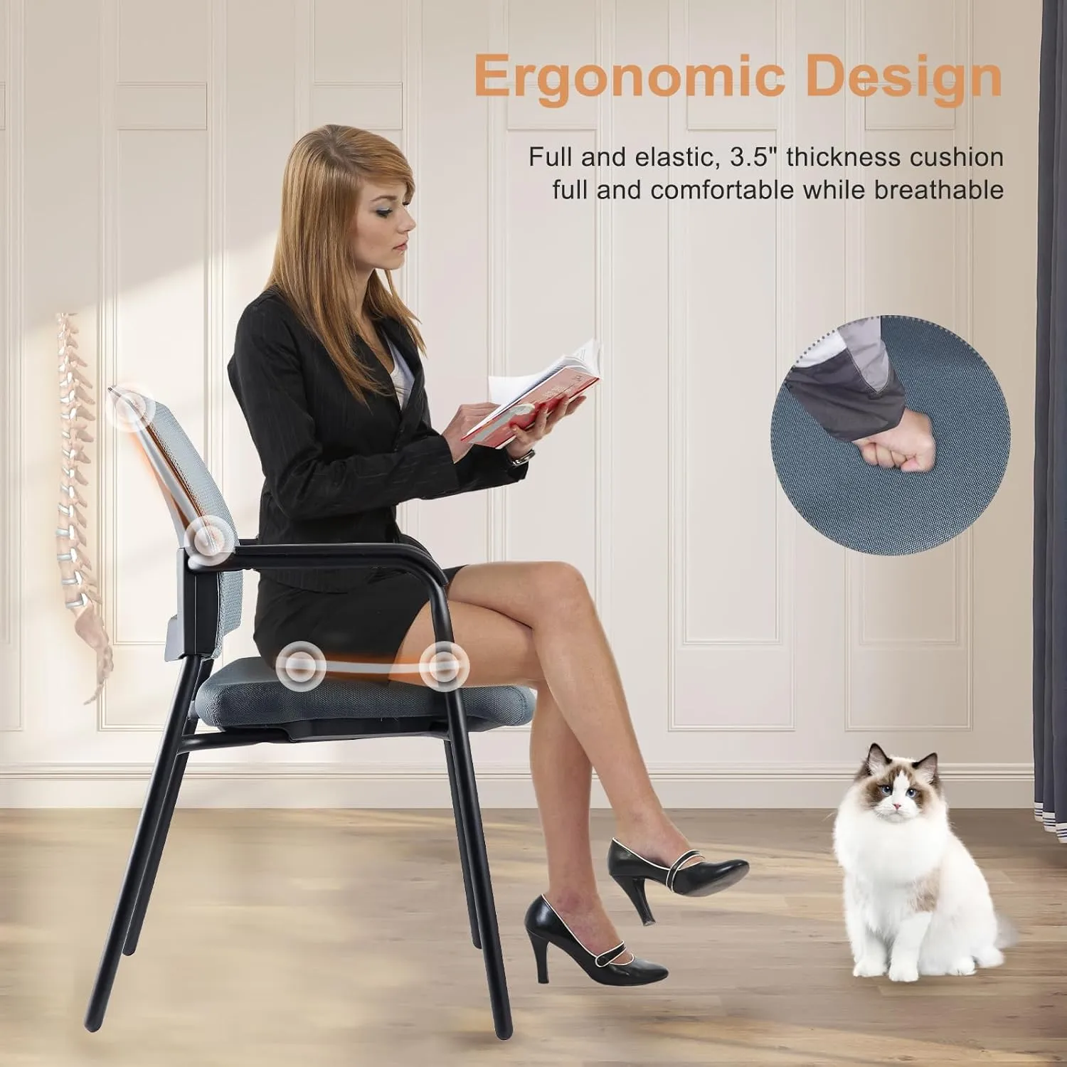 CLATINA Office Reception Guest Chair Mesh Back Stacking with Ergonomic Lumbar Support and Thickened Seat Cushion for Waiting Conference Room Gray
