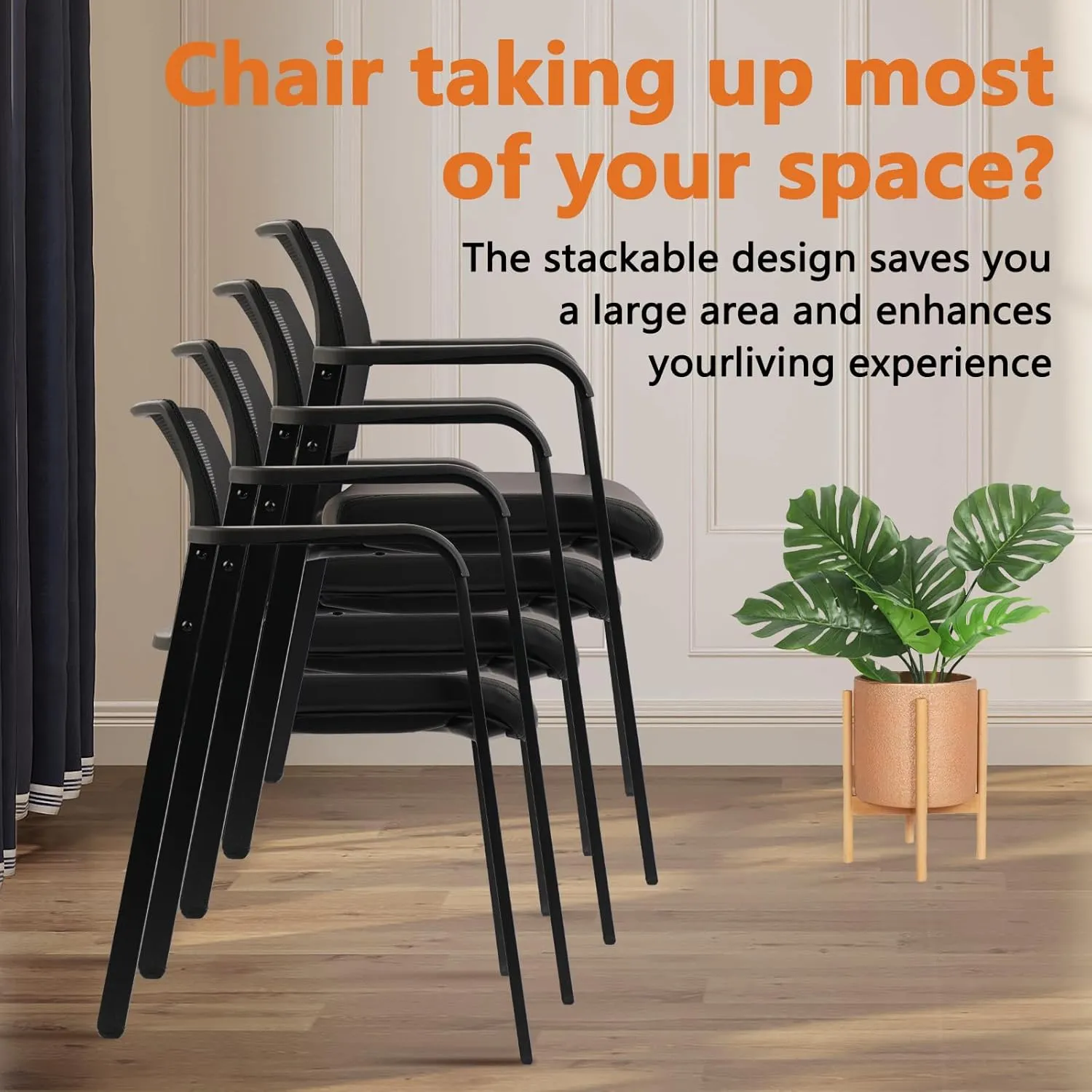 CLATINA Stackable Office Chair, Mesh Back Guest Chairs with Comfortable Leather Seat Arms Stacking Ergonomic Desk Chair No Wheels for Conference Waiting Reception School Stationary, Black, Set of 2