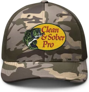 Clean & Sober Pro Bass Shop 3D Puff Rehab Recovery Sobriety Milestone Birthday Gift Cap Otto Camo mesh hat
