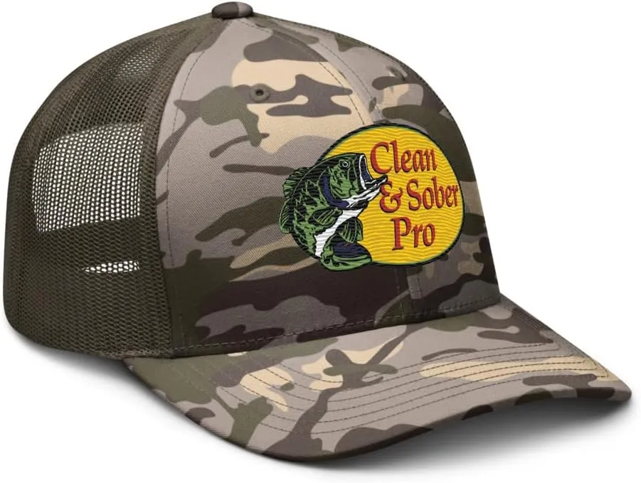 Clean & Sober Pro Bass Shop 3D Puff Rehab Recovery Sobriety Milestone Birthday Gift Cap Otto Camo mesh hat