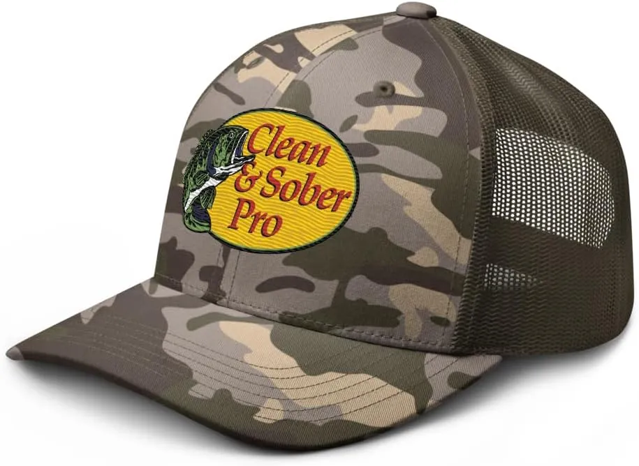 Clean & Sober Pro Bass Shop 3D Puff Rehab Recovery Sobriety Milestone Birthday Gift Cap Otto Camo mesh hat