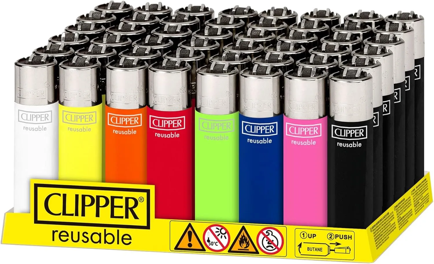 Clipper - Classic Reusable Lighter CP22 - Small Pocket Size - Iconic Premium Refillable Lighters Bulk Pack - Replace Butane, Flint, and Spark Wheel for Unlimited Lights - 48 Pack - Solid Assorted