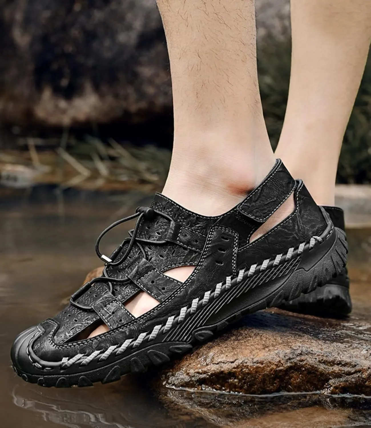 Closed Toe Sandals for Men Leather Walking Sandals Outdoor Beach Sandals Summer Fisherman Sandals for Trekking Hiking