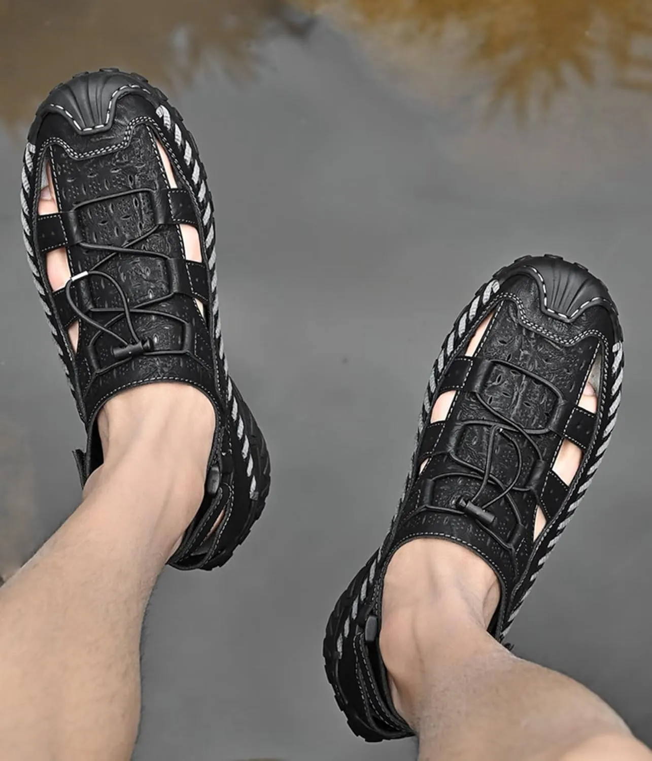 Closed Toe Sandals for Men Leather Walking Sandals Outdoor Beach Sandals Summer Fisherman Sandals for Trekking Hiking