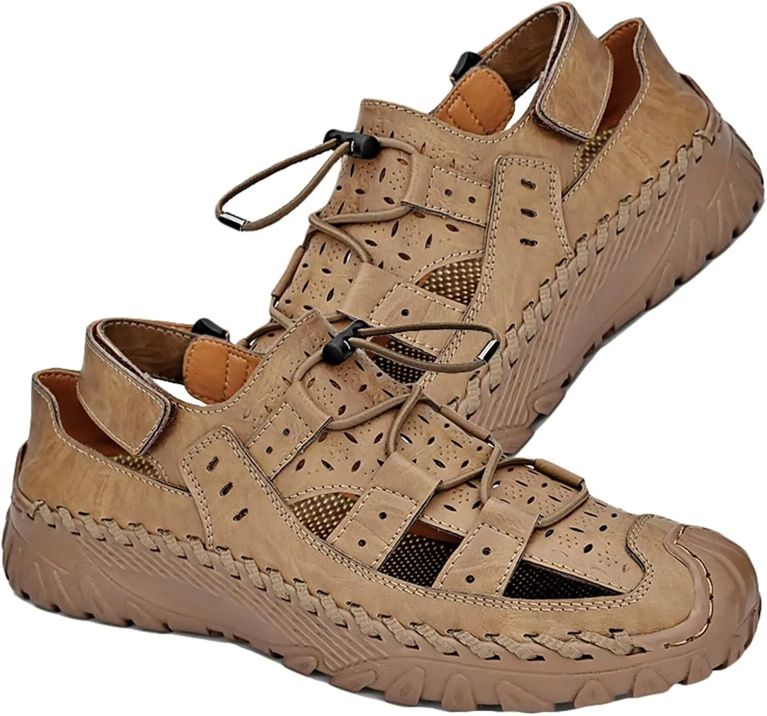 Closed Toe Sandals for Men Leather Walking Sandals Outdoor Beach Sandals Summer Fisherman Sandals for Trekking Hiking