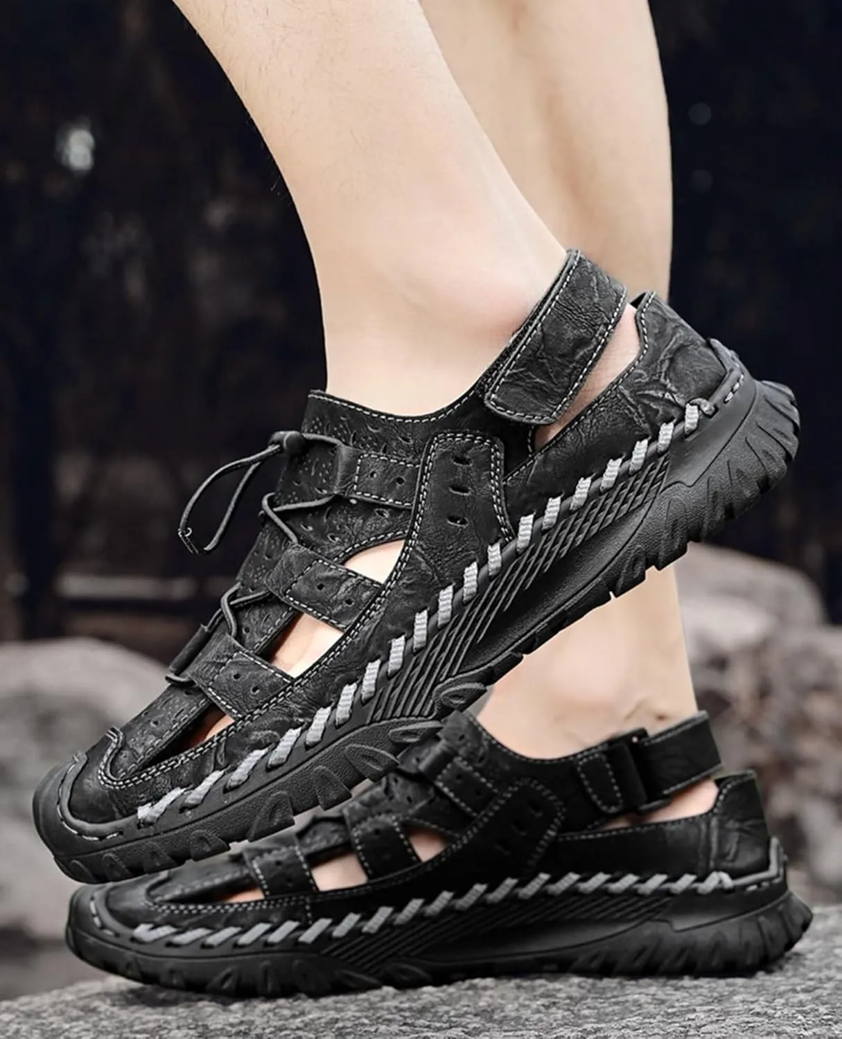 Closed Toe Sandals for Men Leather Walking Sandals Outdoor Beach Sandals Summer Fisherman Sandals for Trekking Hiking