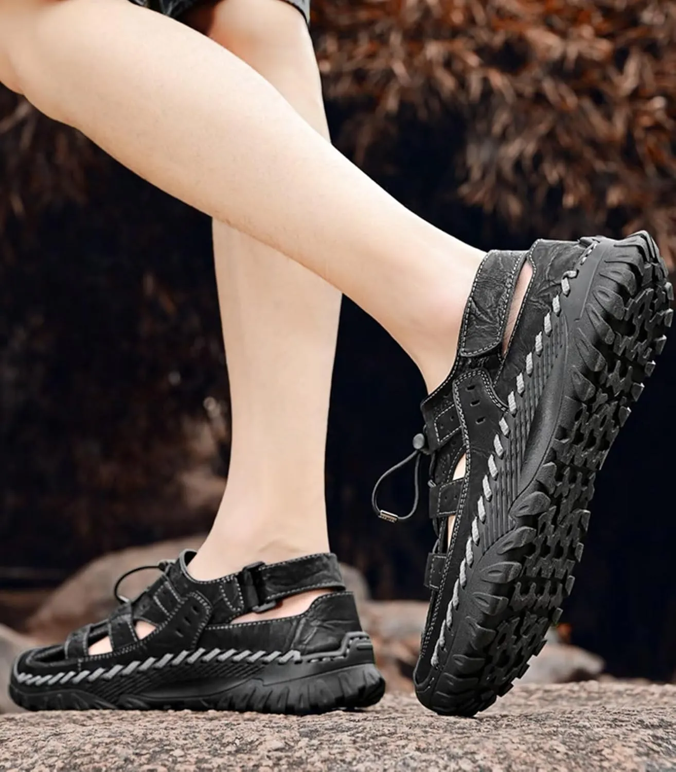 Closed Toe Sandals for Men Leather Walking Sandals Outdoor Beach Sandals Summer Fisherman Sandals for Trekking Hiking