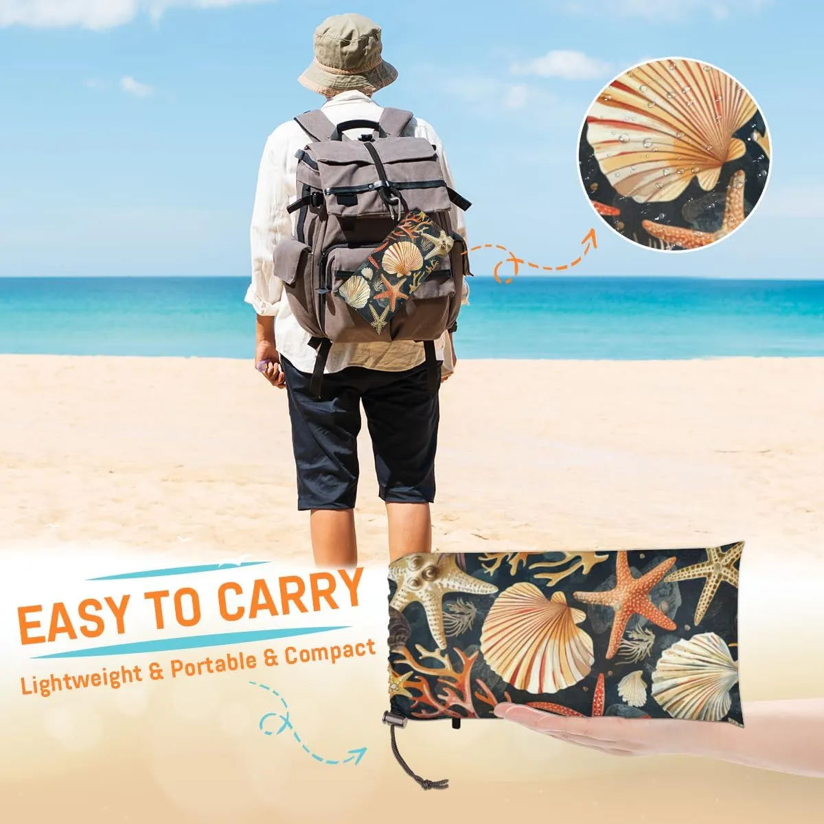 Coastal Beach Beach Blanket, Sandproof Beach Mat, Adults Waterproof Quick Drying Sand Free Mat with 4 x Ground Spikes for Outdoor Travel Camping Hiking, Seashell Starfish
