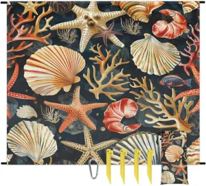 Coastal Beach Beach Blanket, Sandproof Beach Mat, Adults Waterproof Quick Drying Sand Free Mat with 4 x Ground Spikes for Outdoor Travel Camping Hiking, Seashell Starfish
