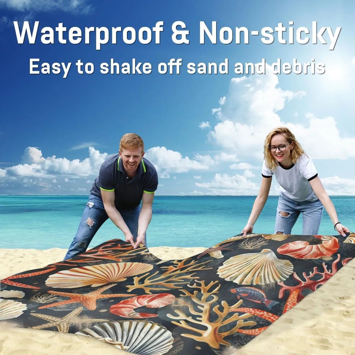Coastal Beach Beach Blanket, Sandproof Beach Mat, Adults Waterproof Quick Drying Sand Free Mat with 4 x Ground Spikes for Outdoor Travel Camping Hiking, Seashell Starfish