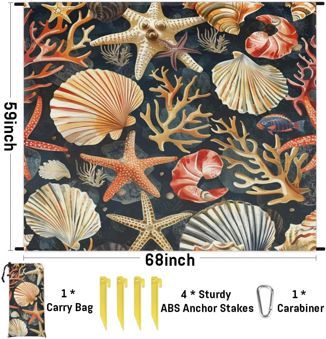 Coastal Beach Beach Blanket, Sandproof Beach Mat, Adults Waterproof Quick Drying Sand Free Mat with 4 x Ground Spikes for Outdoor Travel Camping Hiking, Seashell Starfish