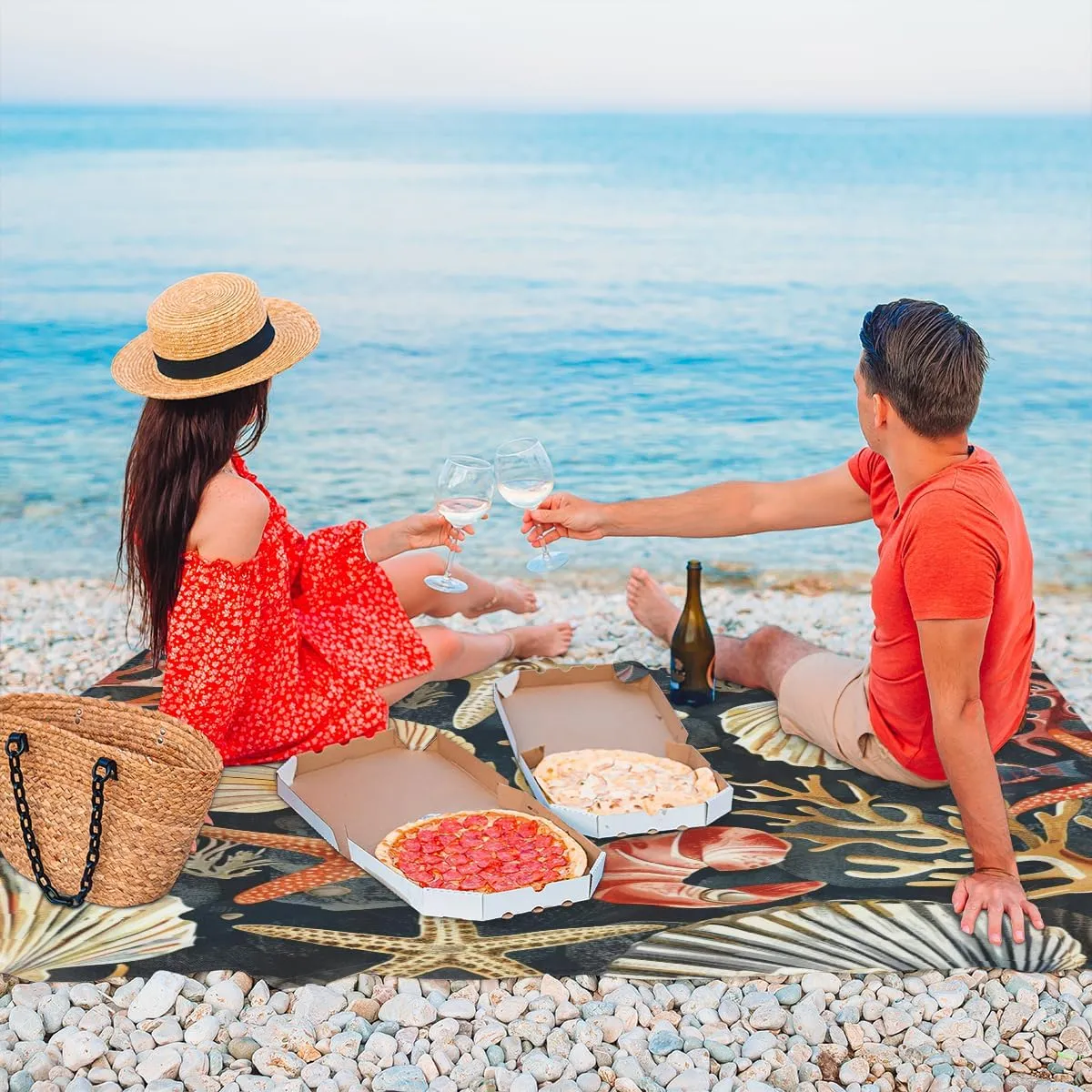 Coastal Beach Beach Blanket, Sandproof Beach Mat, Adults Waterproof Quick Drying Sand Free Mat with 4 x Ground Spikes for Outdoor Travel Camping Hiking, Seashell Starfish