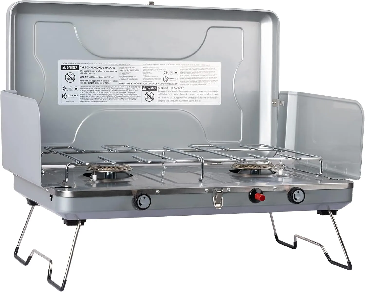 Coastrail Outdoor Propane Camping Stove, 20000 BTU Portable Camping Stove with 2 Burners, Easy to Clean, Camp Stove for car Camping, Tailgating, BBQ, picnics and Emergency use, Silver, Small