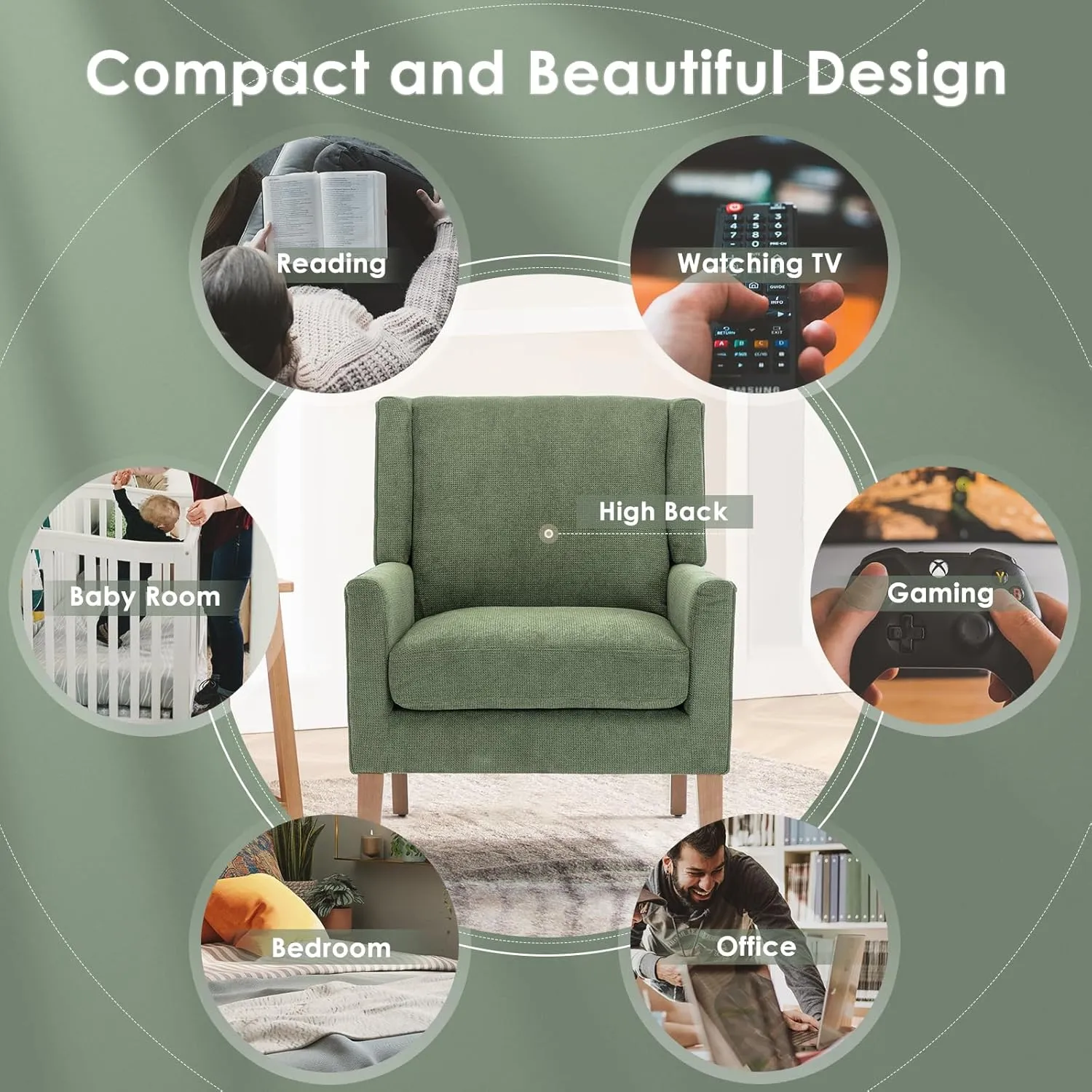 COLAMY Modern Wingback Living Room Chair, Upholstered Fabric Accent Armchair, Single Sofa Chair with Lounge Seat and Wood Legs for Bedroom/Office/Reading Spaces, Green
