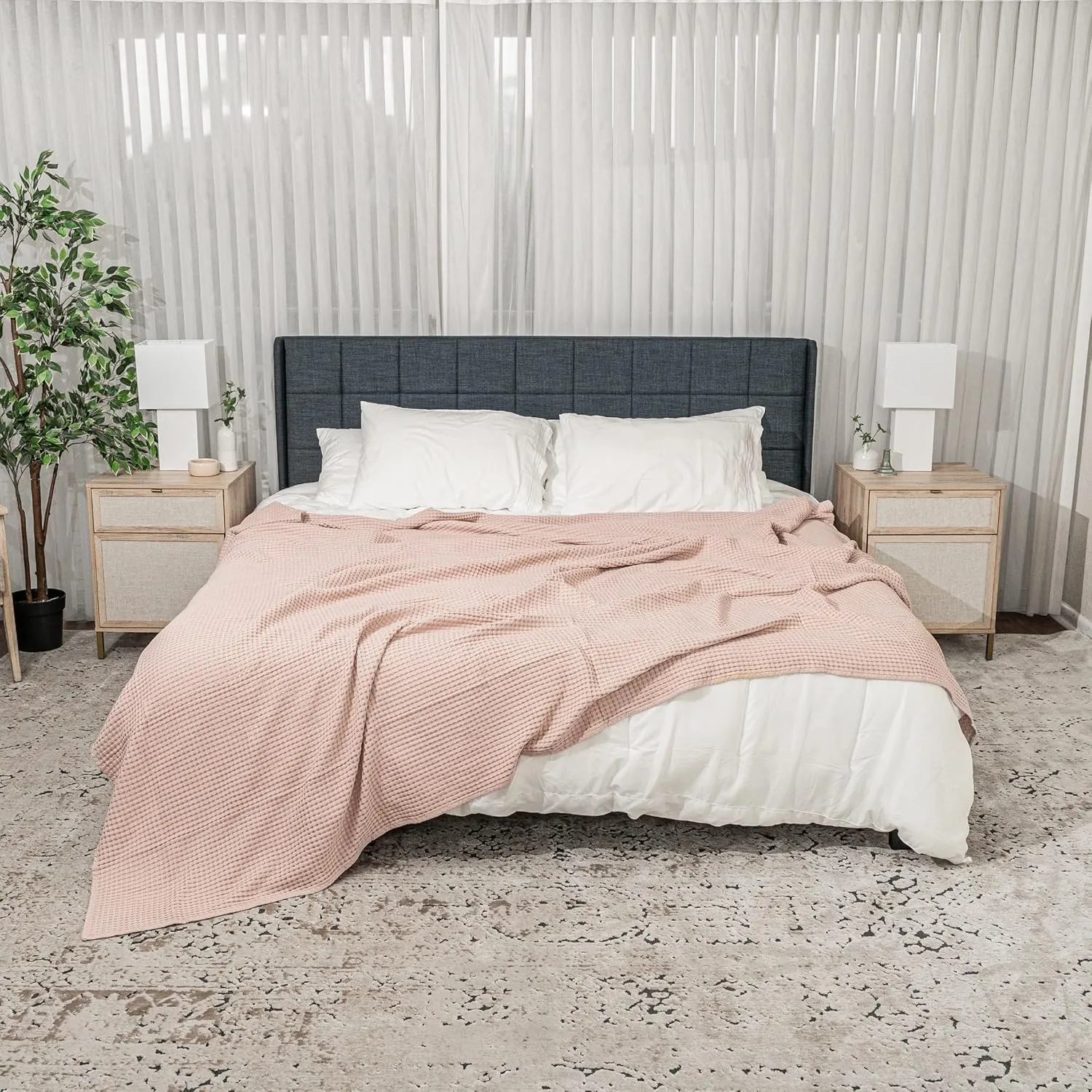 Comfy Cubs Waffle Blanket Queen, 90" x 90" - 100% Cotton Lightweight Breathable Bed Blanket - Soft Textured Thermal Weave for All Seasons – Decorative Cozy Layer for Couch, Sofa, or Bed - Blush