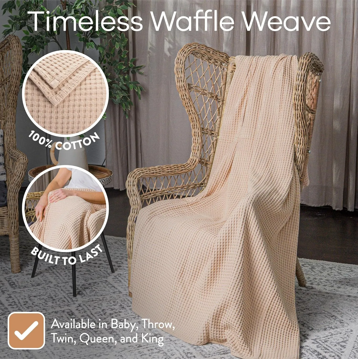 Comfy Cubs Waffle Blanket Queen, 90" x 90" - 100% Cotton Lightweight Breathable Bed Blanket - Soft Textured Thermal Weave for All Seasons – Decorative Cozy Layer for Couch, Sofa, or Bed - Blush
