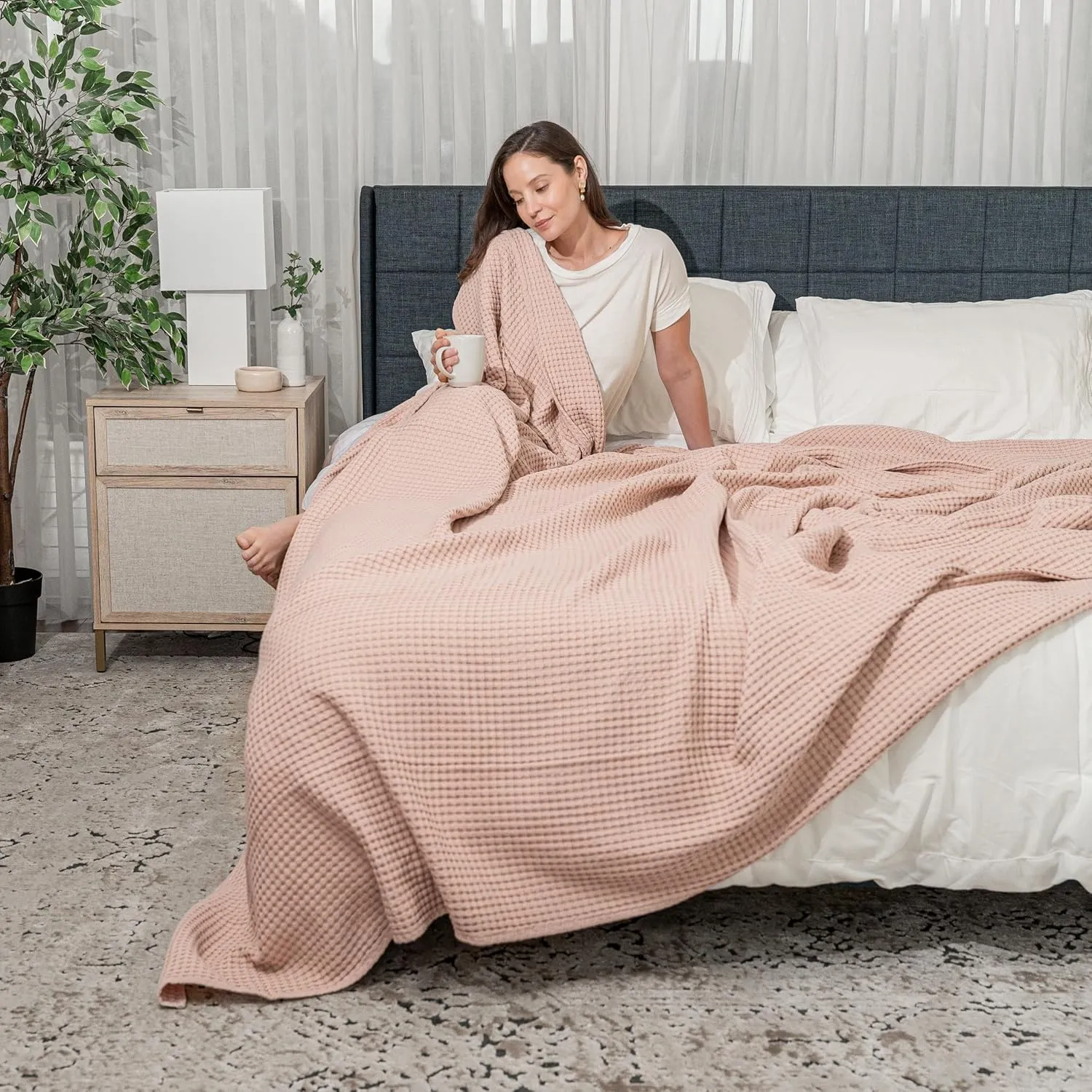 Comfy Cubs Waffle Blanket Queen, 90" x 90" - 100% Cotton Lightweight Breathable Bed Blanket - Soft Textured Thermal Weave for All Seasons – Decorative Cozy Layer for Couch, Sofa, or Bed - Blush