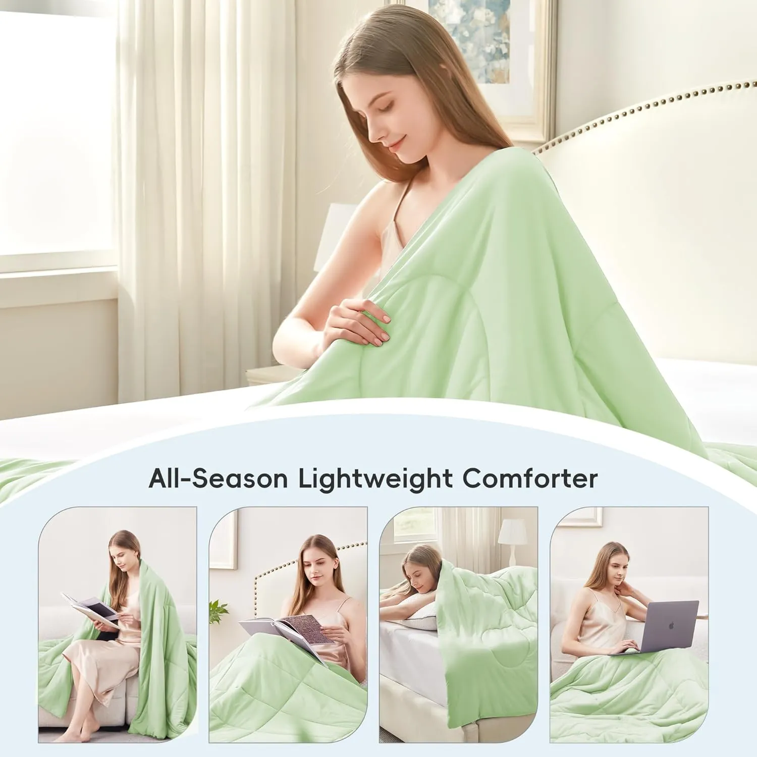 Cooling Comforter Twin/Twin XL Size, All Season Blanket for Hot Sleepers, Lightweight Comforter for Night Sweats, Double-Sided Cooling Bedding for Bed, Sofa, Office, Camping (Sage Green,68"*80")