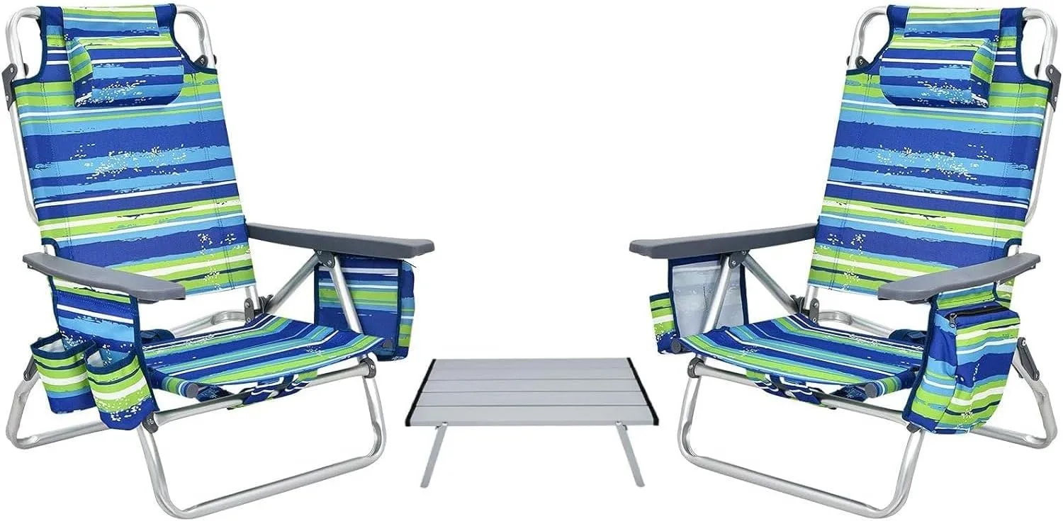 COSTWAY Backpack Beach Chairs Set, 3-Piece Portable Camping Chairs with Cup Holder, Ice Bag, 5-Position Outdoor Reclining Chairs for Adults, Travel, Sunbathing, Support 300 LBS,Blue & Green