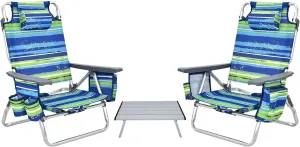 COSTWAY Backpack Beach Chairs Set, 3-Piece Portable Camping Chairs with Cup Holder, Ice Bag, 5-Position Outdoor Reclining Chairs for Adults, Travel, Sunbathing, Support 300 LBS,Blue & Green