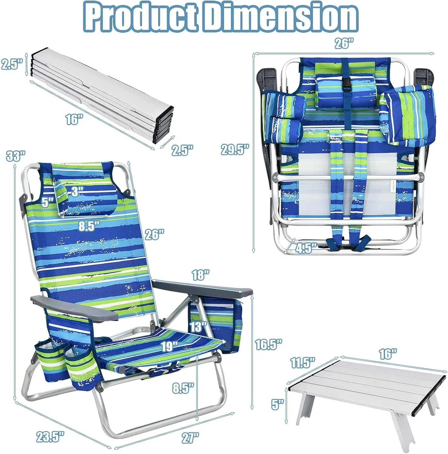 COSTWAY Backpack Beach Chairs Set, 3-Piece Portable Camping Chairs with Cup Holder, Ice Bag, 5-Position Outdoor Reclining Chairs for Adults, Travel, Sunbathing, Support 300 LBS,Blue & Green