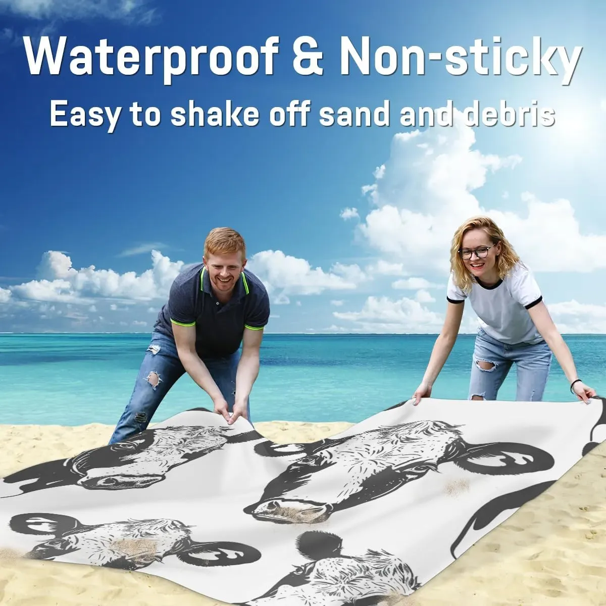 Cow Pattern Beach Blanket, Sandproof Beach Mat, Adults Waterproof Quick Drying Sand Free Mat with 4 x Ground Spikes for Outdoor Travel Camping Hiking, Animal