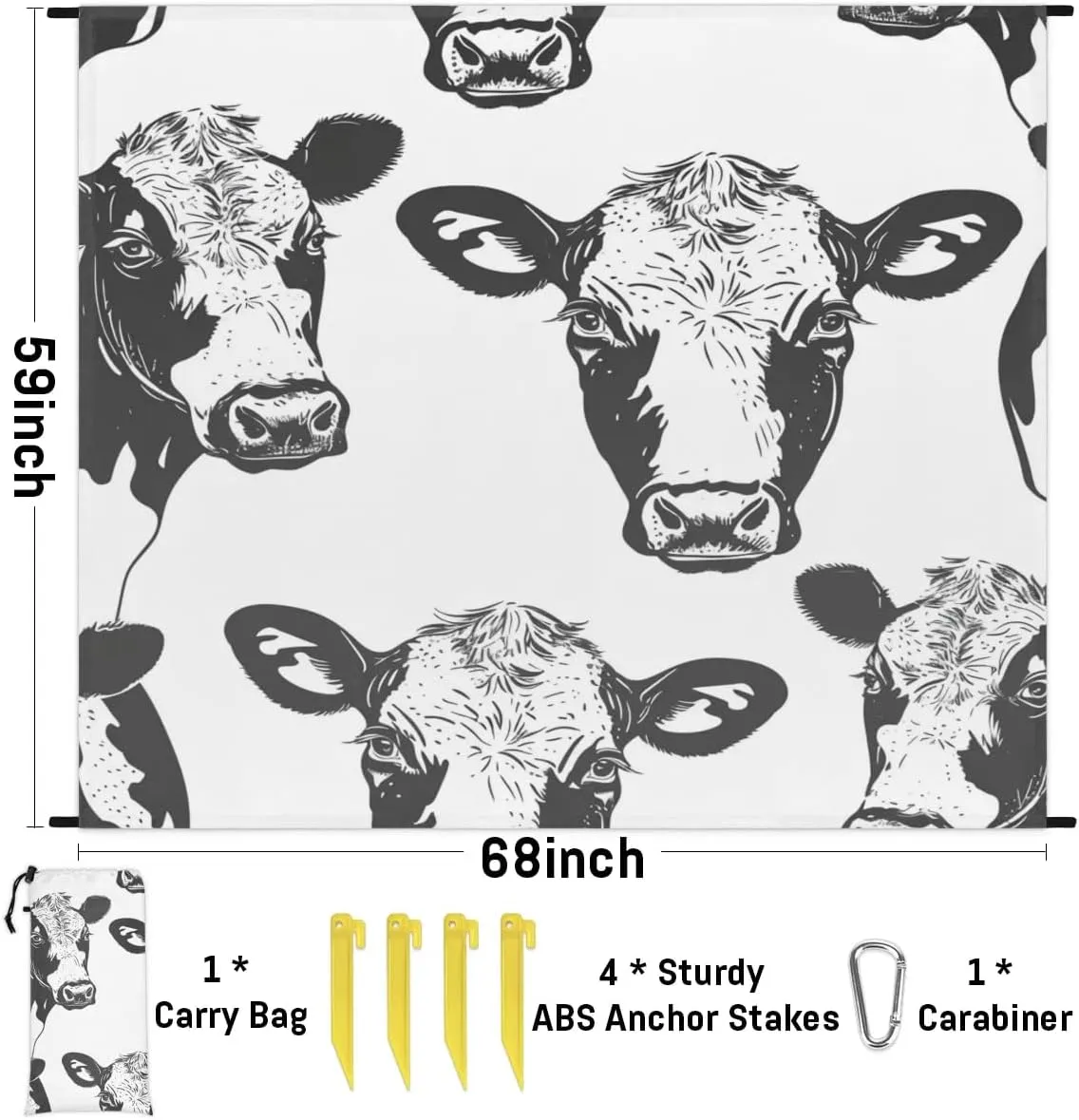 Cow Pattern Beach Blanket, Sandproof Beach Mat, Adults Waterproof Quick Drying Sand Free Mat with 4 x Ground Spikes for Outdoor Travel Camping Hiking, Animal