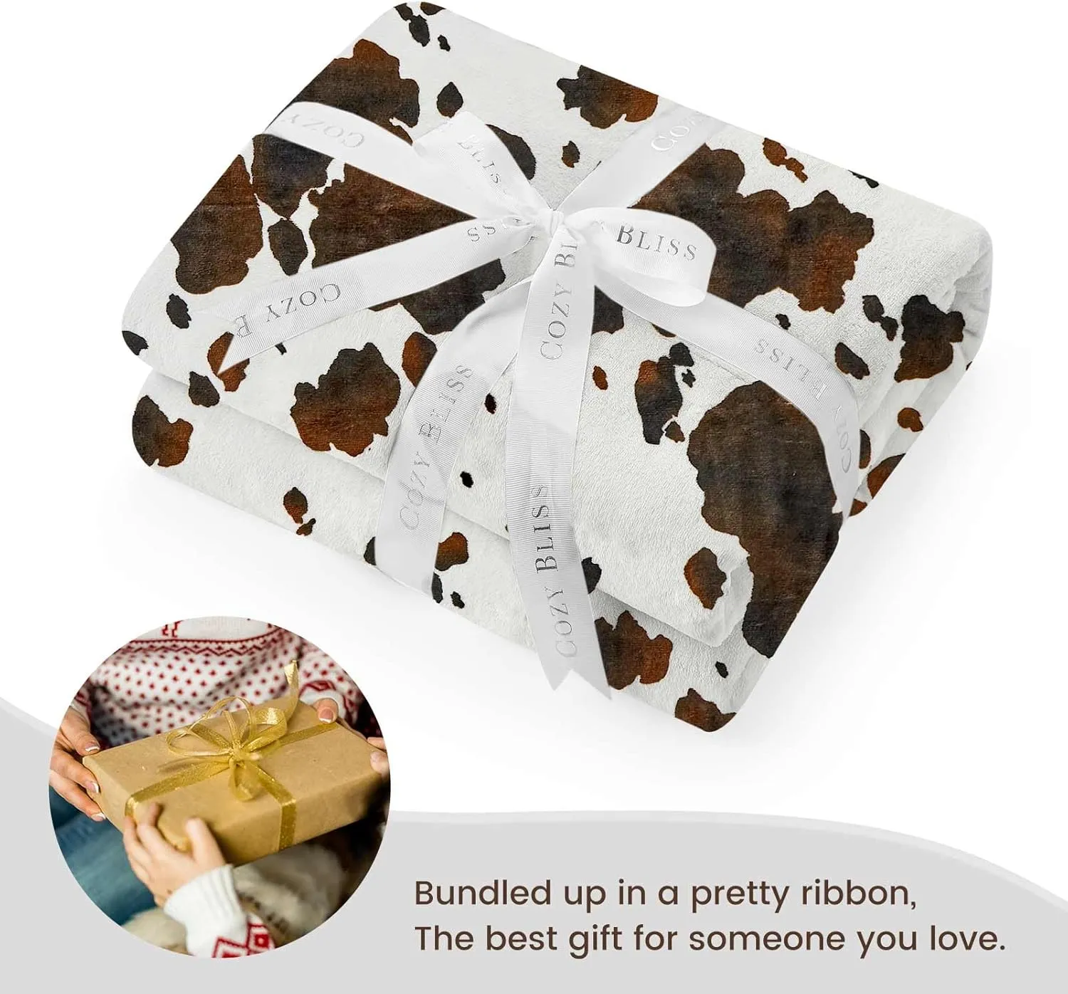 Cozy Bliss Cow Print Throw Blanket Non Shedding MilkyPlush™ Fleece 330GSM Thick Blankets Western Room Decor Super Soft Warm for Adults Kids Girl Gifts Bedroom Couch Sofa Travel Black Brown 50"x60"