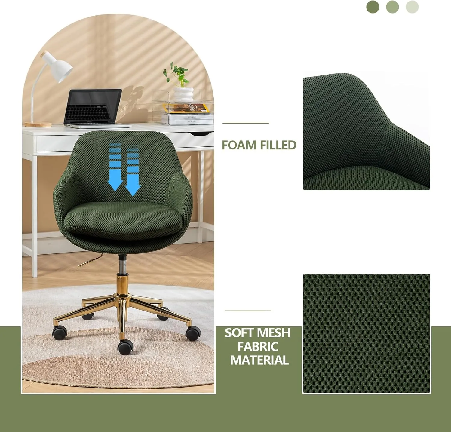 Cross Legged Office Chair, Mesh Fabric Vanity Chair with Wheels, Height Adjustable Swivel Task Chair, Desk Chair with Gold Metal Base Green