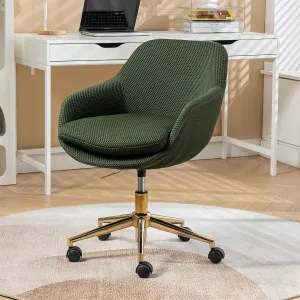 Cross Legged Office Chair, Mesh Fabric Vanity Chair with Wheels, Height Adjustable Swivel Task Chair, Desk Chair with Gold Metal Base Green