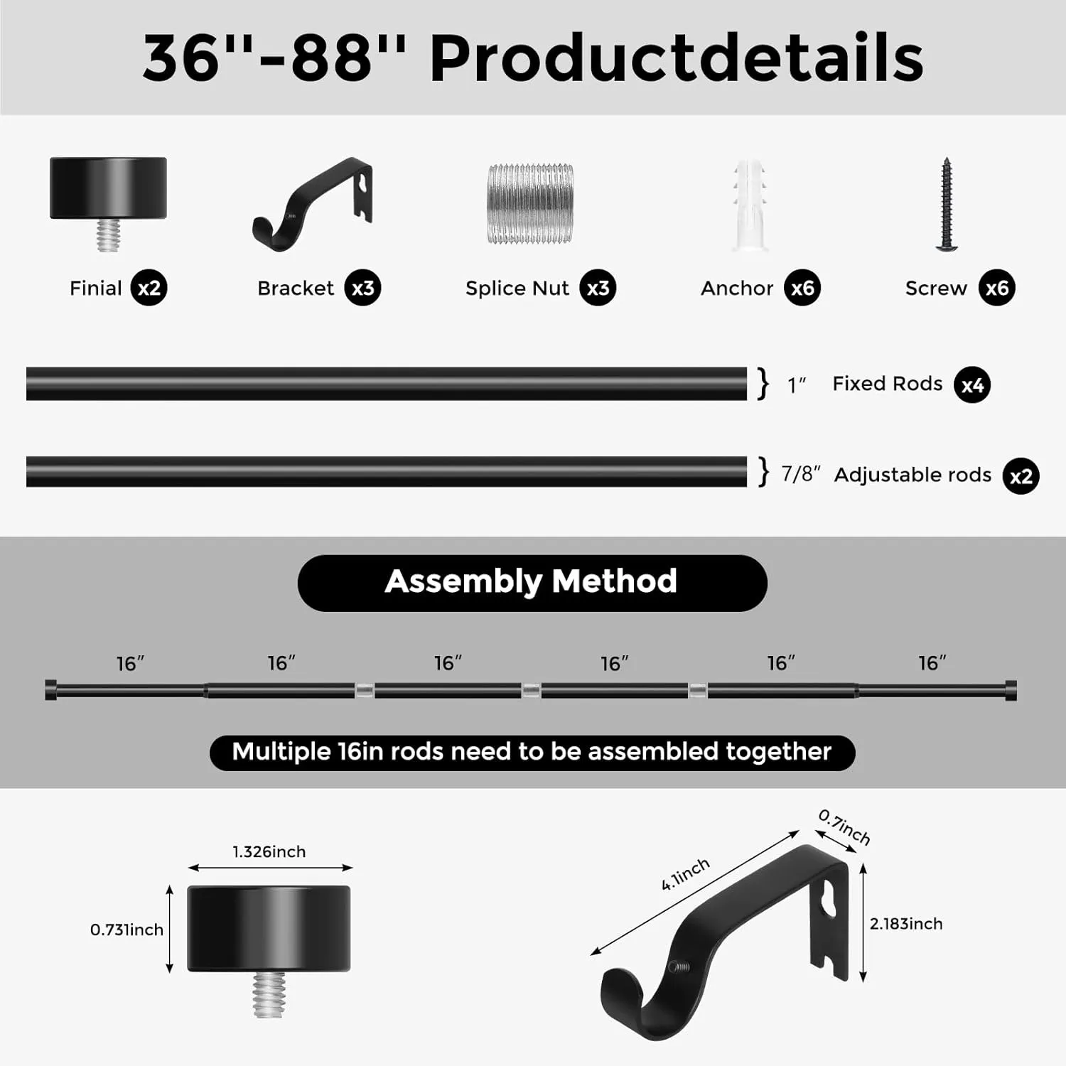 Curtain Rods for Windows 48 to 84 Inch(4-7 Feet),Black 1'' Diameter Drapery Rods with End Cap Style Design,Modern Adjustable Heavy Duty Curtain Rod,Size:36''-88''
