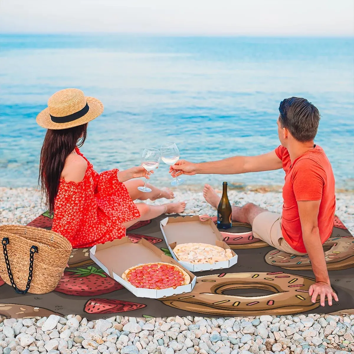Cute Donuts Beach Blanket, Sandproof Beach Mat, 68 x 59 Waterproof Quick Drying Sand Free Mat with 4 x Ground Spikes for Outdoor Travel Camping Hiking, Strawberries